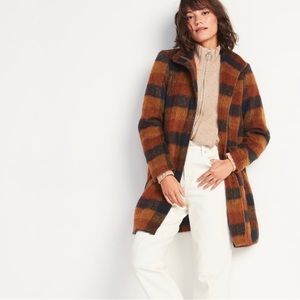Oversized soft-brushed plaid funnel neck coat.